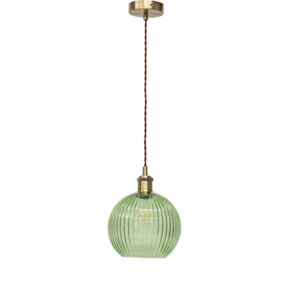 Betchley - Green Ribbed Glass Globe Antique Brass Retro Pendant