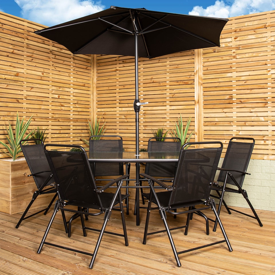 image 1 of Samuel Alexander Outdoor 6 Seater Glass Top Table and Chairs Patio Set with Parasol in Black