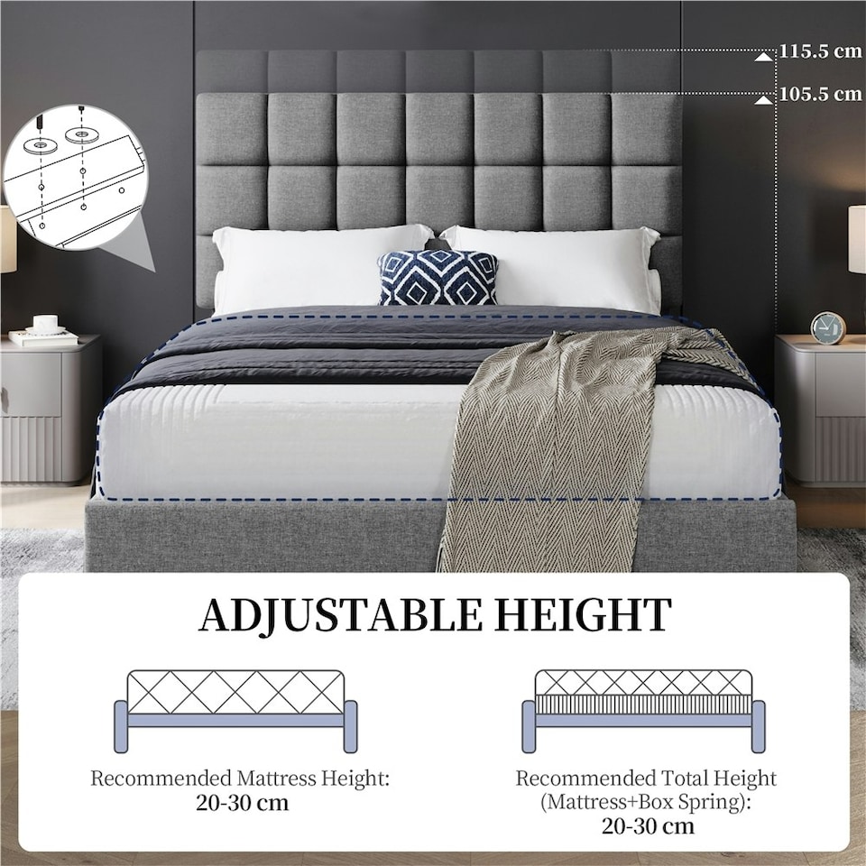 image 1 of Yaheetech 150 cm W × 200 cm L Upholstered Bed Frame Light Grey