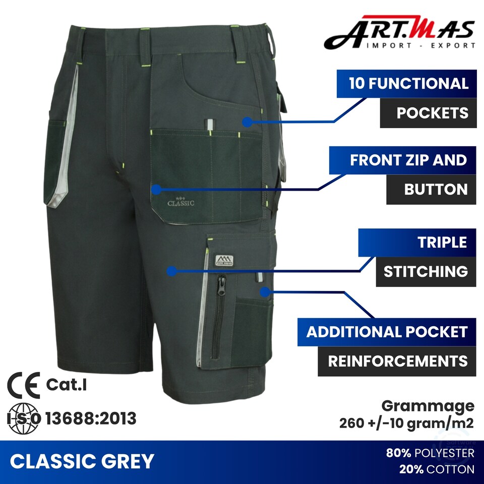 image 1 of Artmas Classic Grey Protective Work Shorts, 10 Storage Pockets, 600D Pocket Sections, 260gsm (38/40 Inch - 56 EU)