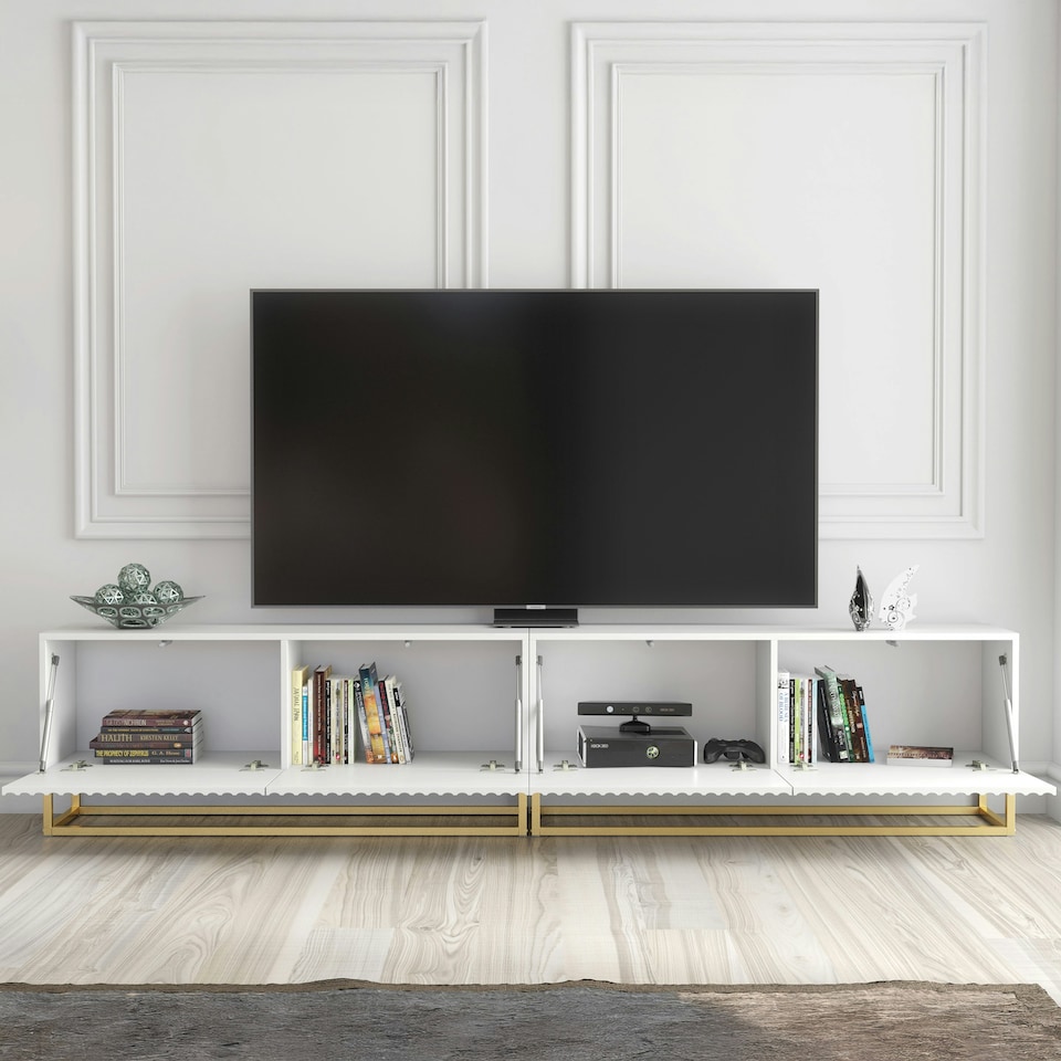 image 1 of Modular TV Unit 200cm White Matt with Fluted Fronts and Gold Base White