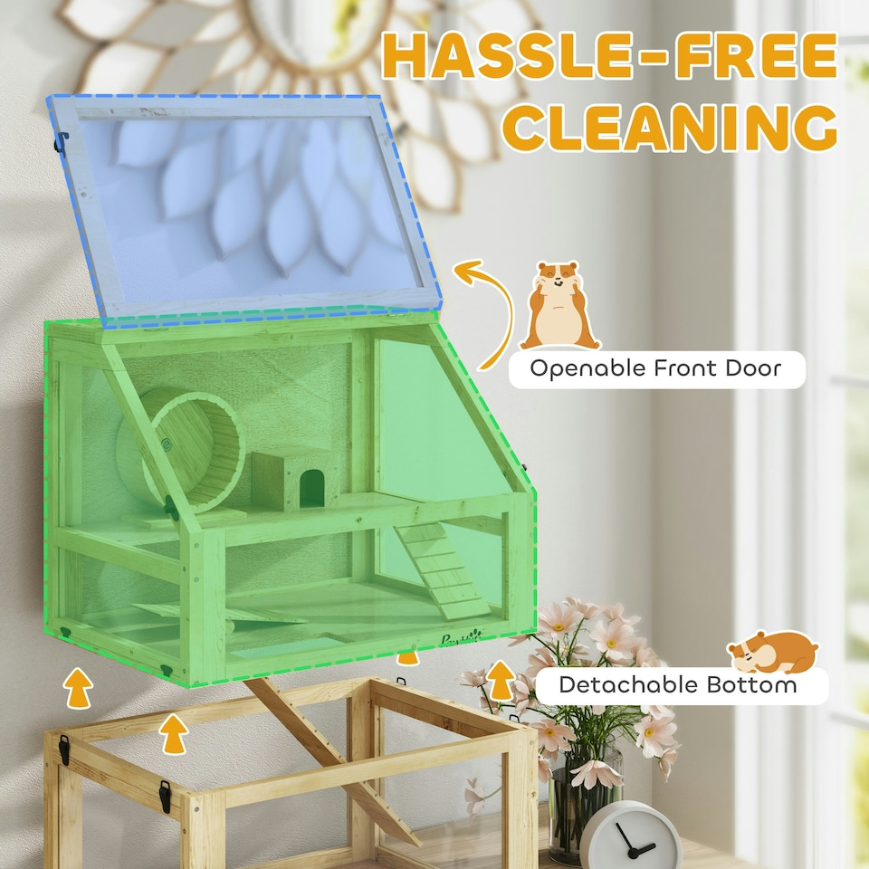 image 1 of PawHut Wooden Hamster Cage w/ Detachable Bottom, Hut, Seesaw, Natural