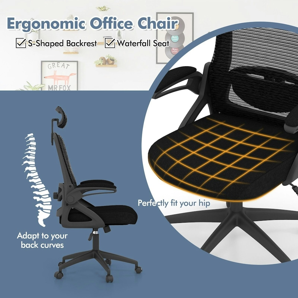 image 1 of COSTWAY Ergonomic Office Chair Adjustable Swivel Lumbar Support Black