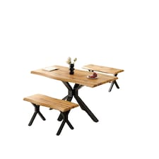 Wooden Dining Table and 2 Benches Set with X-Shaped Iron Legs, Curved Edge for Dining Room