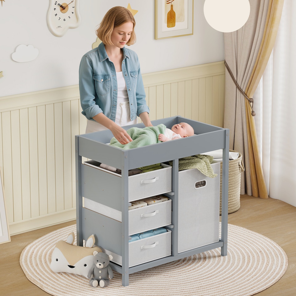 image 1 of AIYAPLAY Baby Changing Table with 4 Drawers, Nursery Diaper Baby Changing Unit for 0-12 Months (max. 11kg), with Mat, Infant Care Station for Bedroom Nursery | Grey