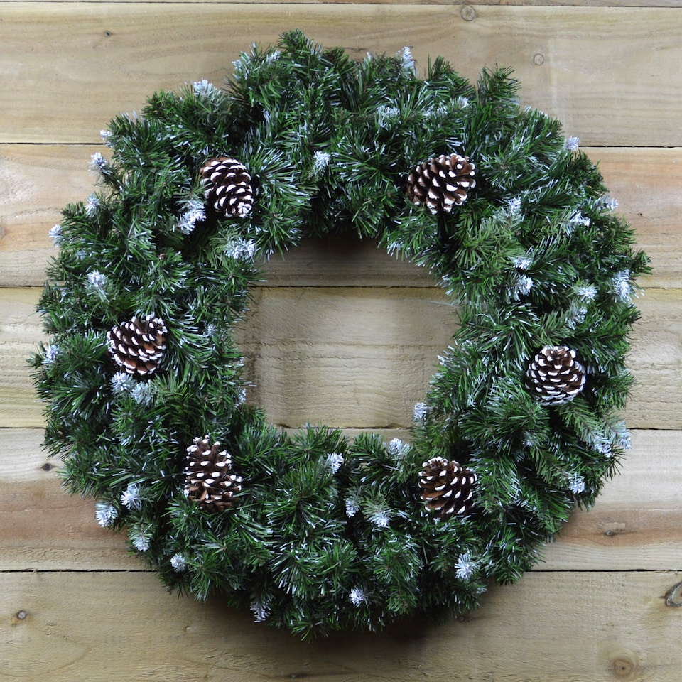 image 1 of 60cm Snow King Fir Hanging Christmas Wreath with Pinecones and 200 Tips in Green