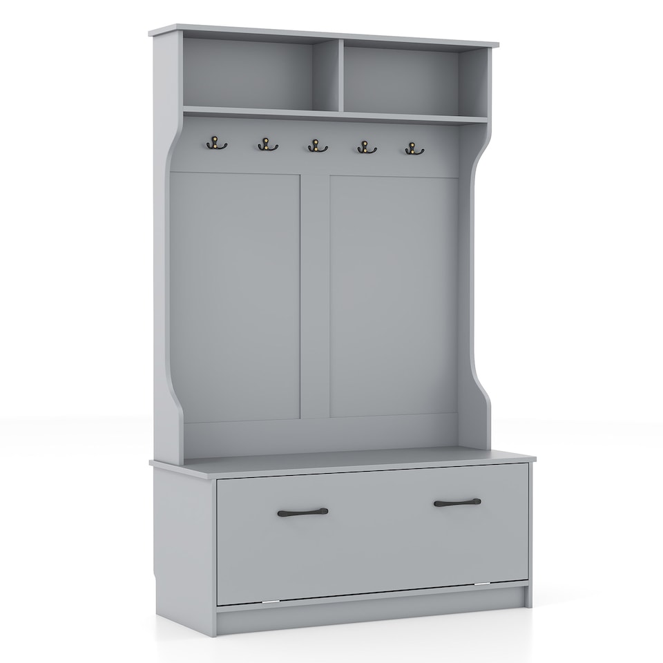 image 1 of COSTWAY 3 in 1 Freestanding Hall Coat Rack Stand Shoe Bench Grey