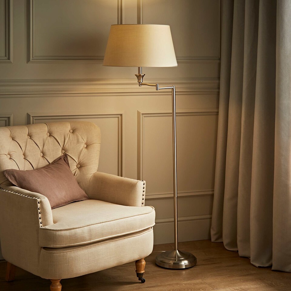 image 1 of ValueLights Sinatra Brushed Chrome Floor Lamp Beige Taper Shade and Bulb