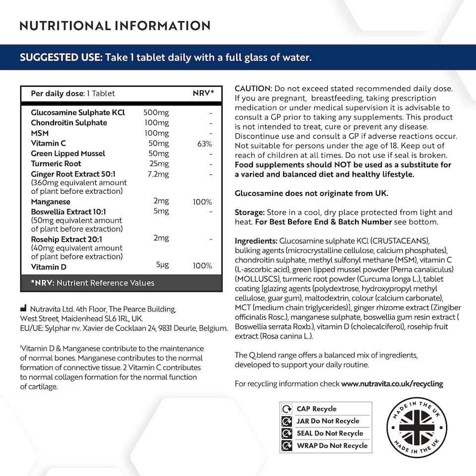 image 1 of Nutravita Joint Complex with Glucosamine and Chondroitin High Strength + Vitamin D + Vitamin C + MSM & Manganese - 180 Glucosamine Tablets