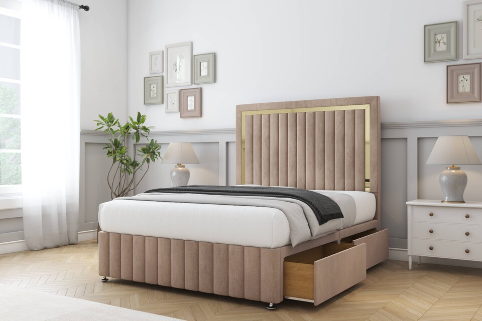 image 1 of Sloomy Boston Gold Mink Naples Divan Bed Base 4 Drawers With 26 Inch Strutted Headboard & 12 Inch Matching Footboard | Brown | Mink | Small Double | 1