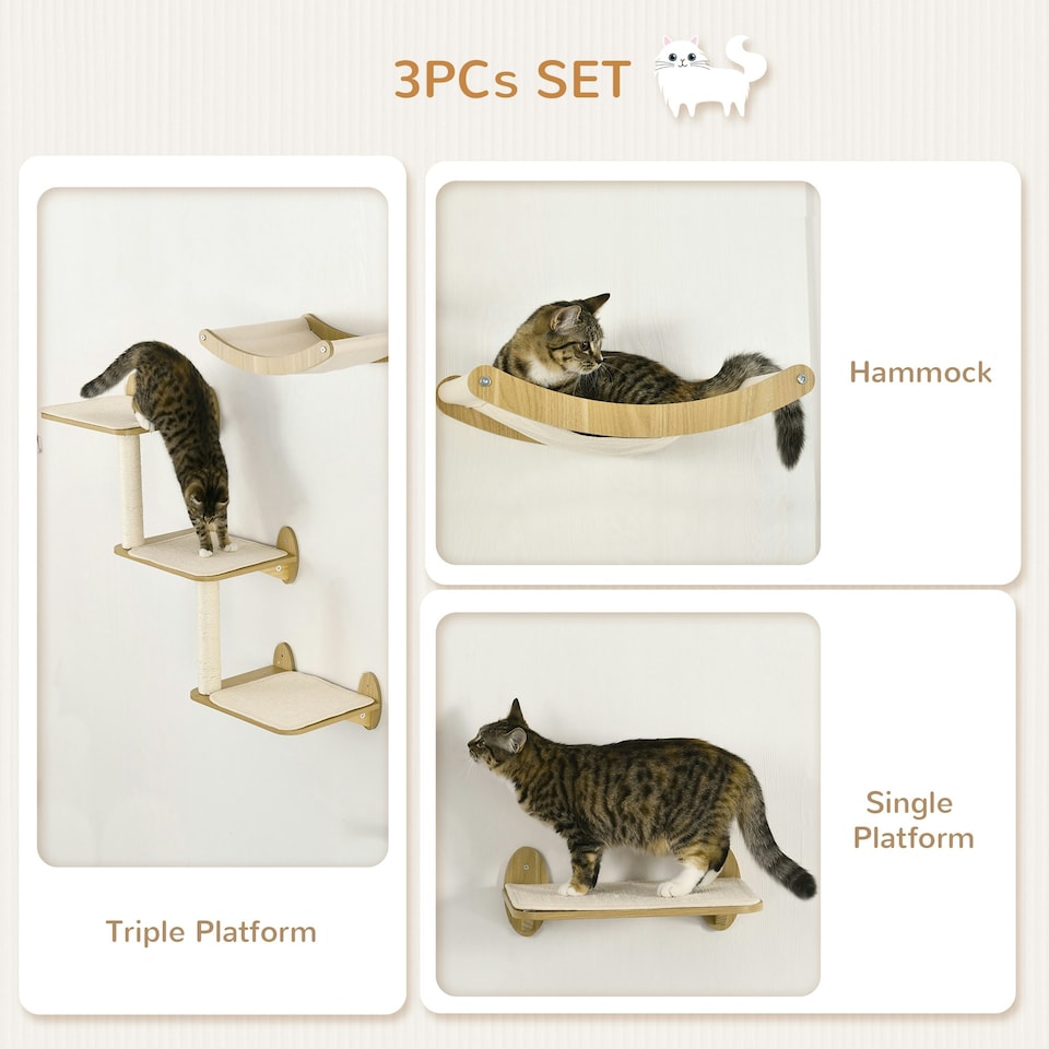 image 1 of PawHut 3PC Wall Mounted Cat Tree Climbing Shelf Set with Scratching Post Oak