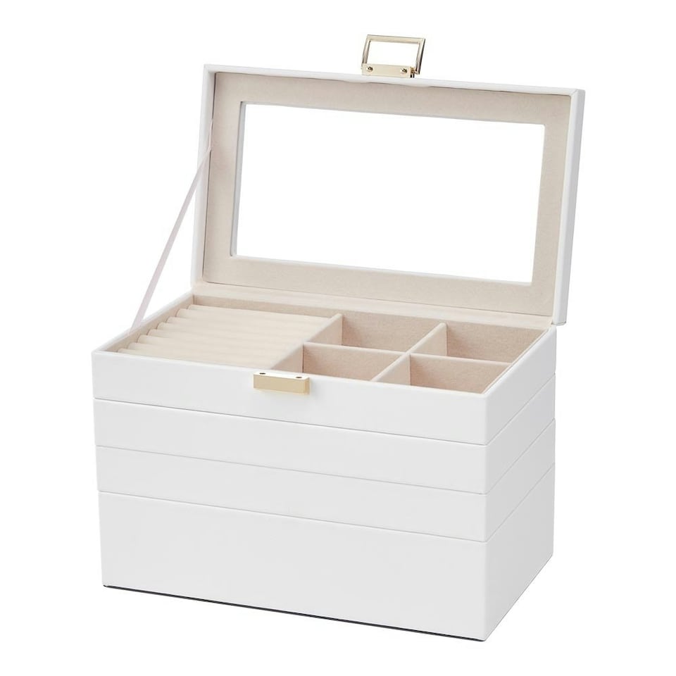 image 1 of Living and Home 4-Tier Jewellery Storage Box with Transparent Lid - White