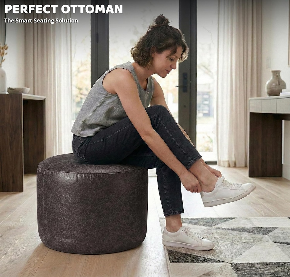 image 1 of Oval Shape PU Leather Footstool Bean Bag (Charcoal,40x30cm)