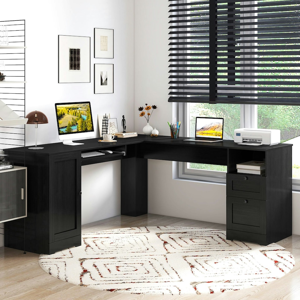 image 1 of COSTWAY 168 CM L-shaped Computer Desk w/Power Outlets Black Black