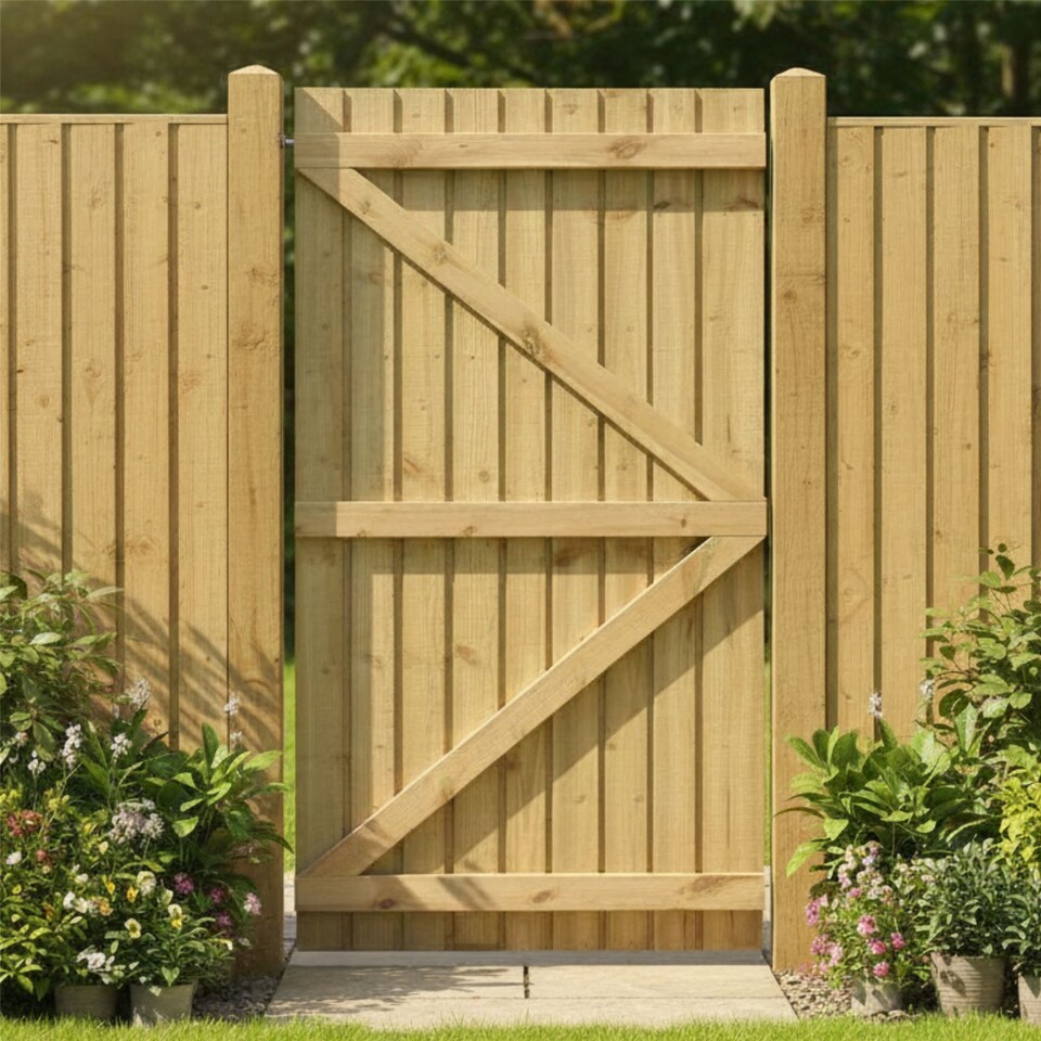 image 1 of Flat Top Wooden Garden Gate 6ft x 2.5ft Feather Edge Semi-Braced Treated Door