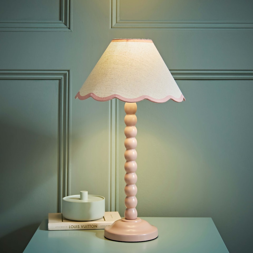 image 1 of ValueLights Bobbles Rose Pink Table Lamp Pink Trim Scallop Shade | Pink