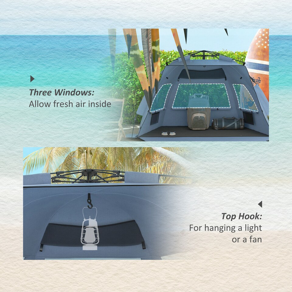 image 1 of Outsunny Pop Up Tent Beach Tent for 23 Person, Easy Set Up Sun Shelter with Extended Floor, Sandbags, Mesh Windows and Carry Bag | Blue