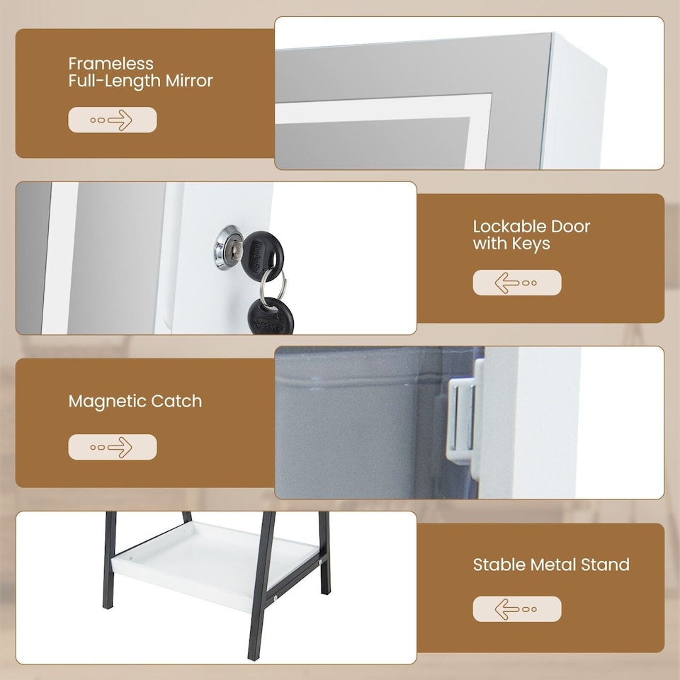 image 1 of COSTWAY LED Standing Jewelry Mirror Cabinet Jewelry Armoire Organizer-White