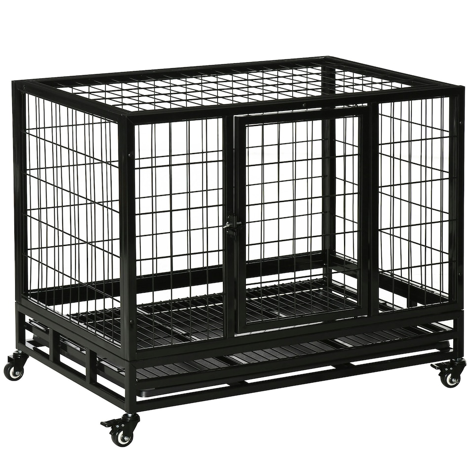 image 1 of PawHut Metal Kennel Cage with Wheels and Crate Tray for Pet Dog Medium Black