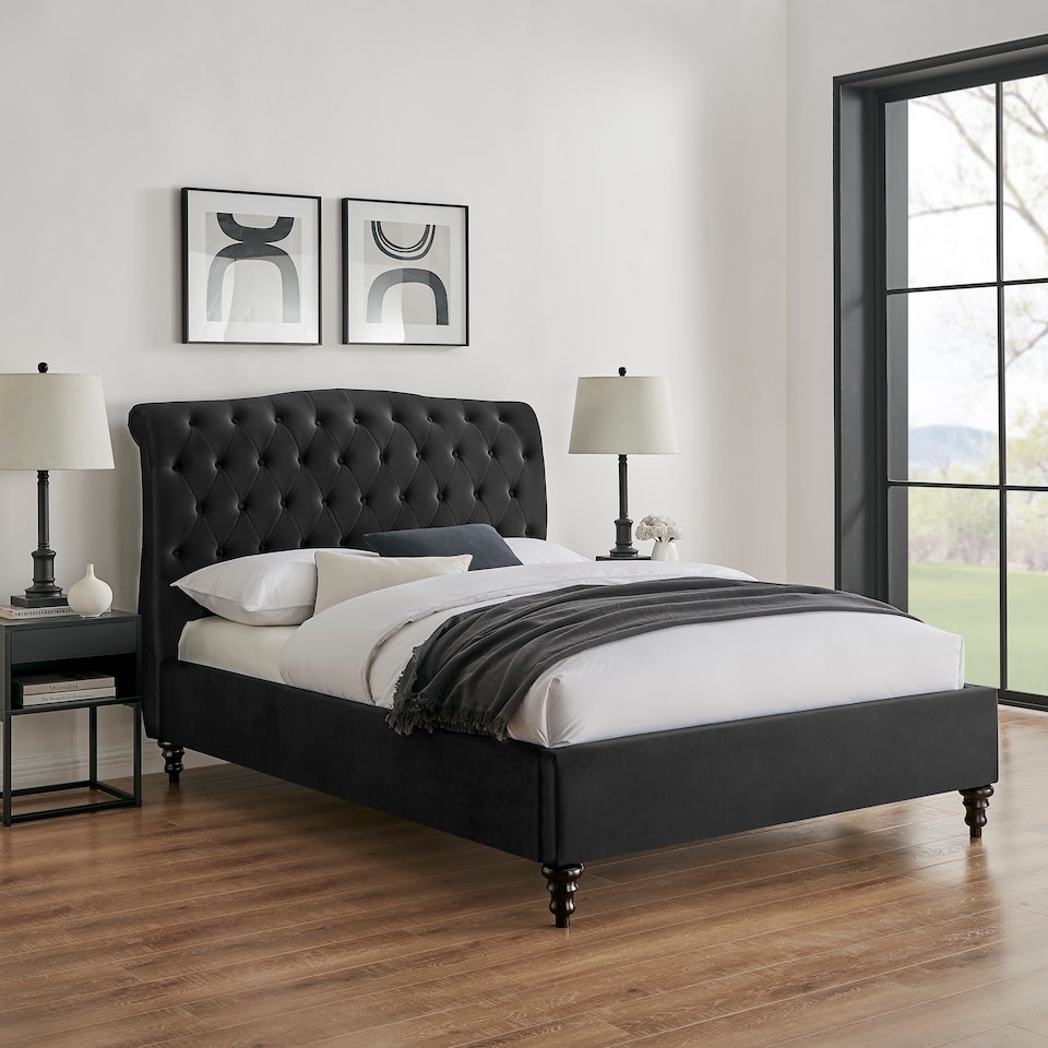 image 1 of 4ft6 Double Fabric upholstered, Black,buttoned back,curved bed frame,bedstead