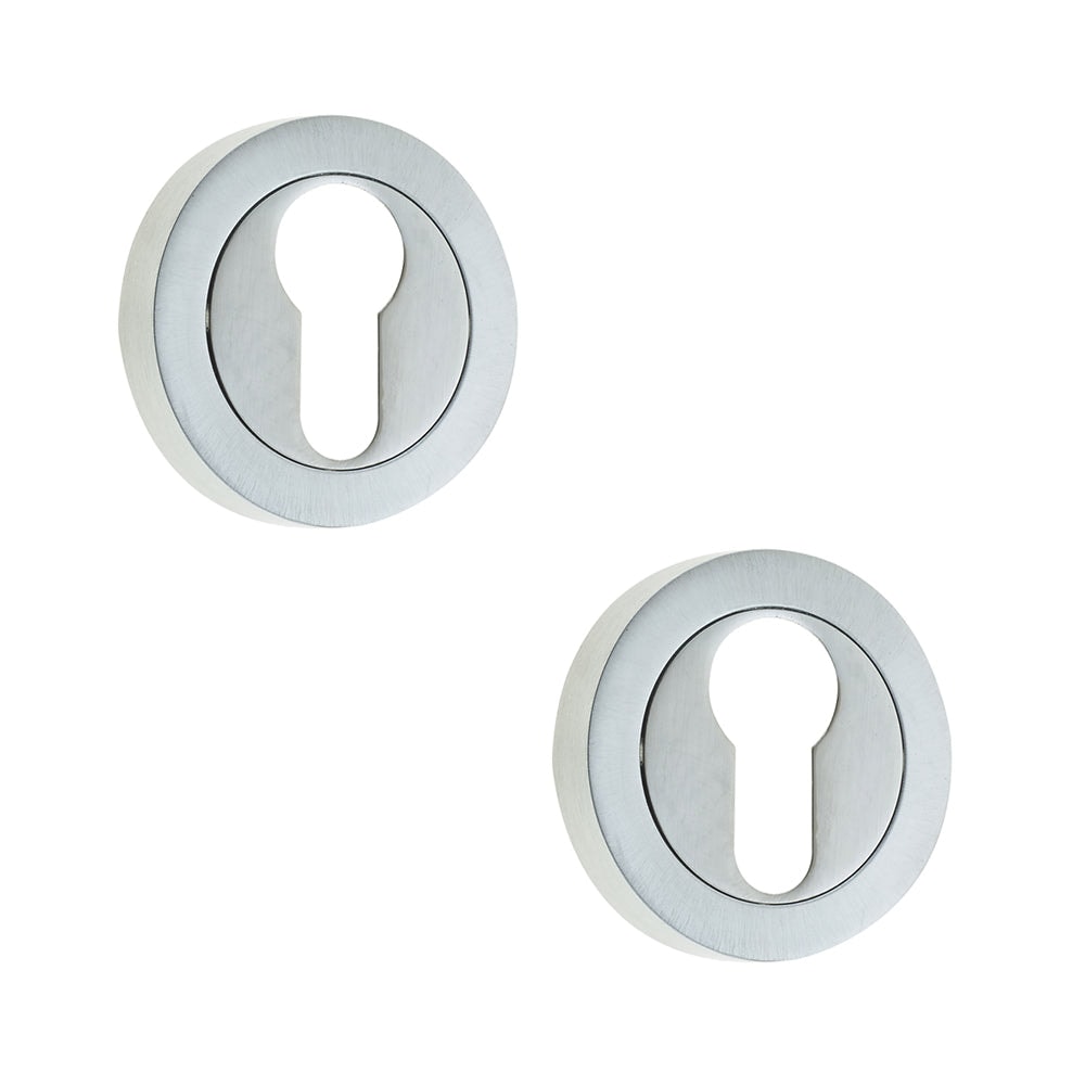 2 PACK Luxury Designer Euro Profile Escutcheons with 50mm Round Rose in Satin Chrome Finish - Key Hole Cover