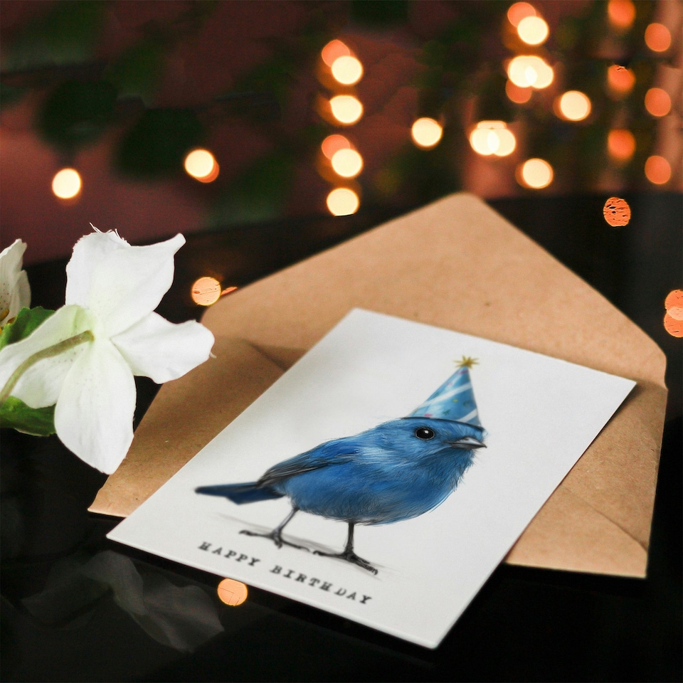 image 1 of Cute Blue Bird With a Party Hat Painting Birthday Card