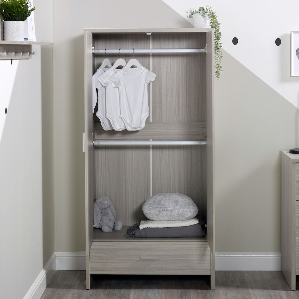 image 1 of Pembrey Nursery Wardrobe – Stylish 2-Door Baby Wardrobe with Hanging Rails, Spacious Storage Drawer & Modern Wooden Design (Ash Grey)