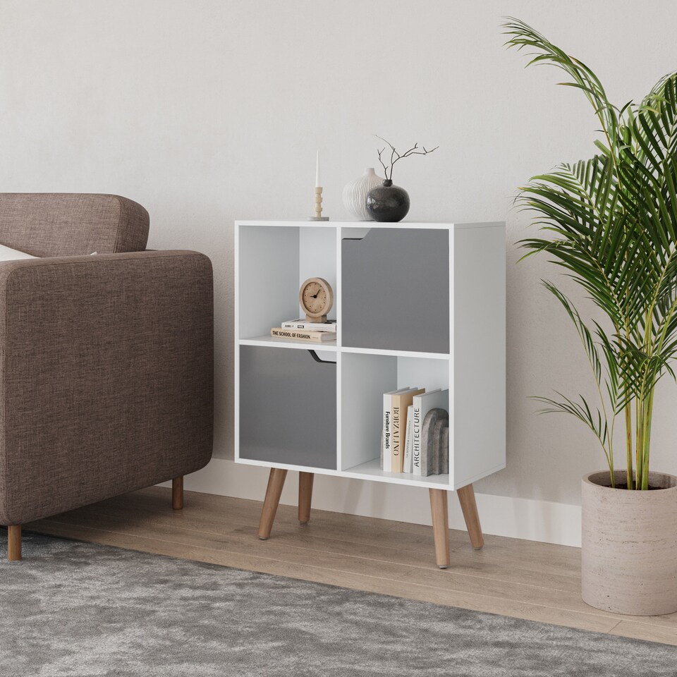 image 1 of White 4-Cube Storage Unit with 2 Wooden Doors and Legs | Grey | Grey & Beech | 1