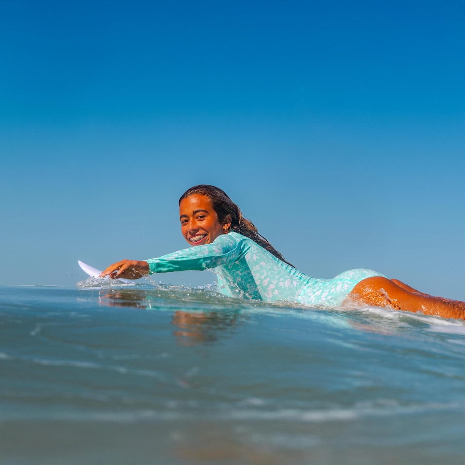 image 1 of Decathlon Girls Surfing Front Zip Long Sleeve One-Piece Swimsuit