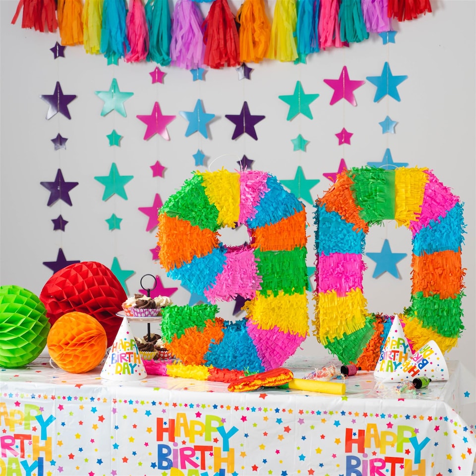 image 1 of Fax Potato Fax Potato Pinata Set with Stick & Blindfold - 90th Birthday / Anniversary - Rainbow