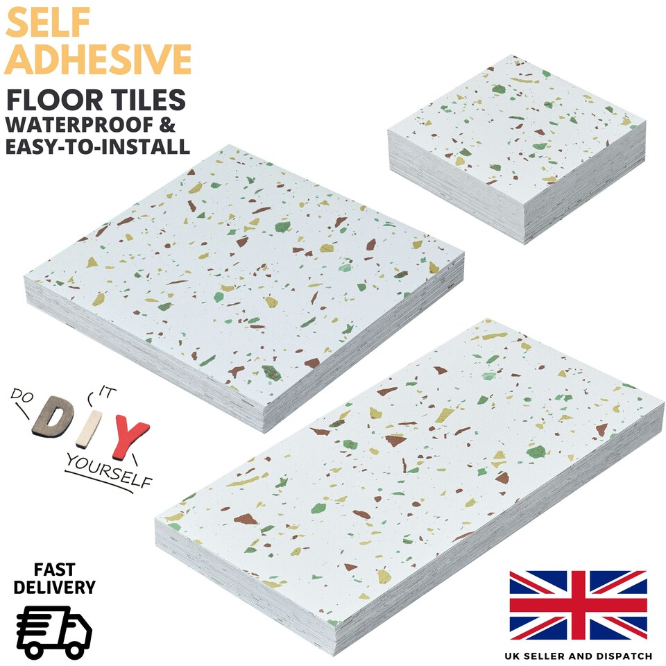 image 1 of NOVECRAFTO Vinyl Floor Tiles Self Adhesive – 12x24in Peel and Stick Rectangular Flooring for Kitchen, Bathroom & Living Room – White Terrazzo Look with Flecks White | 1.85 sqm
