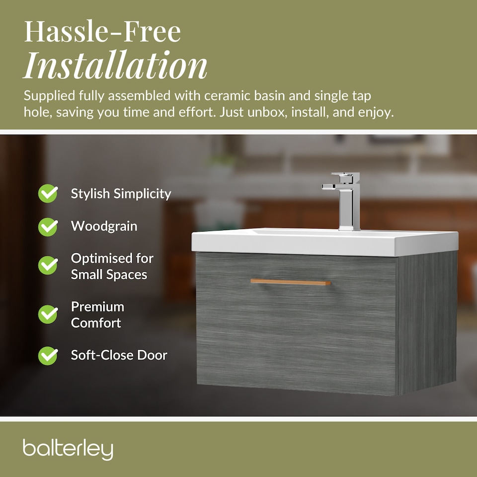 image 1 of 600mm Wall Hung 1 Drawer Vanity , Woodgrain Anthracite, Copper Handle | Grey | Anthracite Woodgrain | 399 x 610 x 390mm