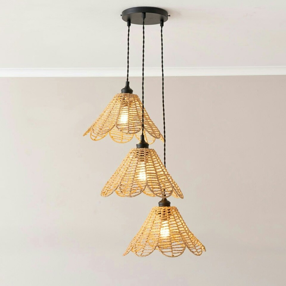 image 1 of ValueLights Vine Rattan Flower Shade 3 Drop Cluster Black Ceiling Pendant Light with Bulbs Black