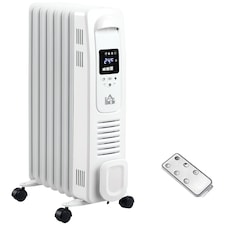 HOMCOM 1500W Digital Oil Filled Radiator, 7 Fin, Portable Electric Heater with LED Display, 24-Hour Timer, 3 Heat Settings, Safety Cut-Off and Remote Control, White