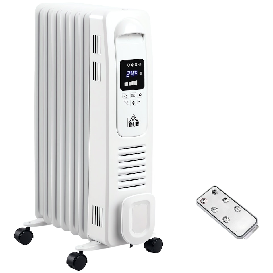 image 1 of HOMCOM 1500W Digital Oil Filled Radiator, 7 Fin, Portable Electric Heater with LED Display, 24-Hour Timer, 3 Heat Settings, Safety Cut-Off and Remote Control, White