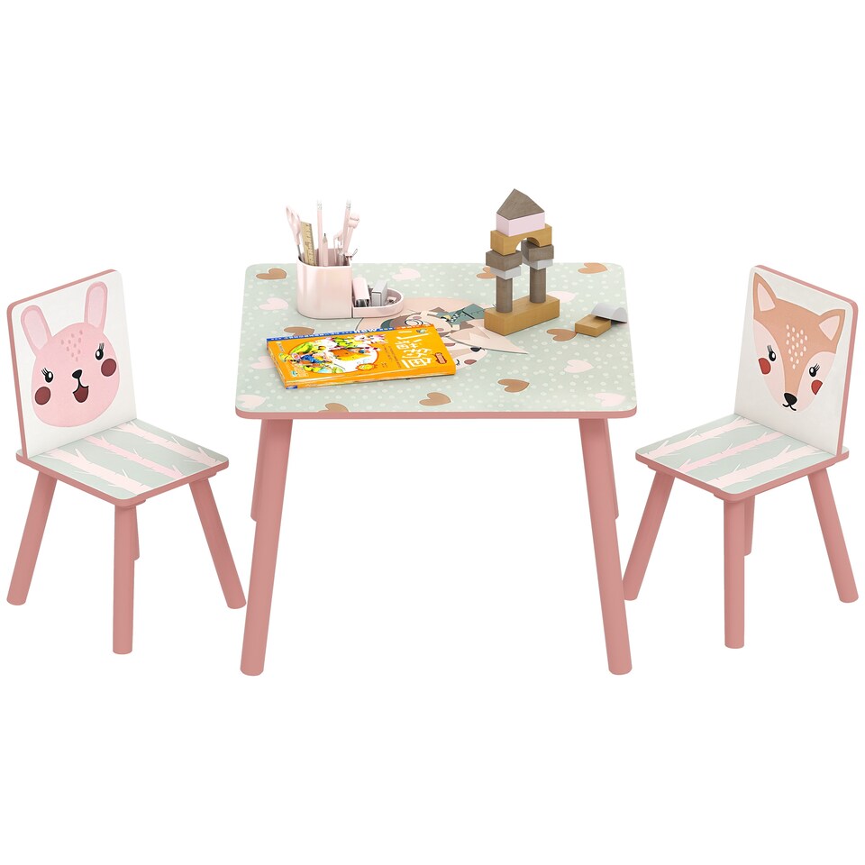 image 1 of ZONEKIZ Kids Table and Chairs, Children Desk with Two Chairs, Three Piece | Pink