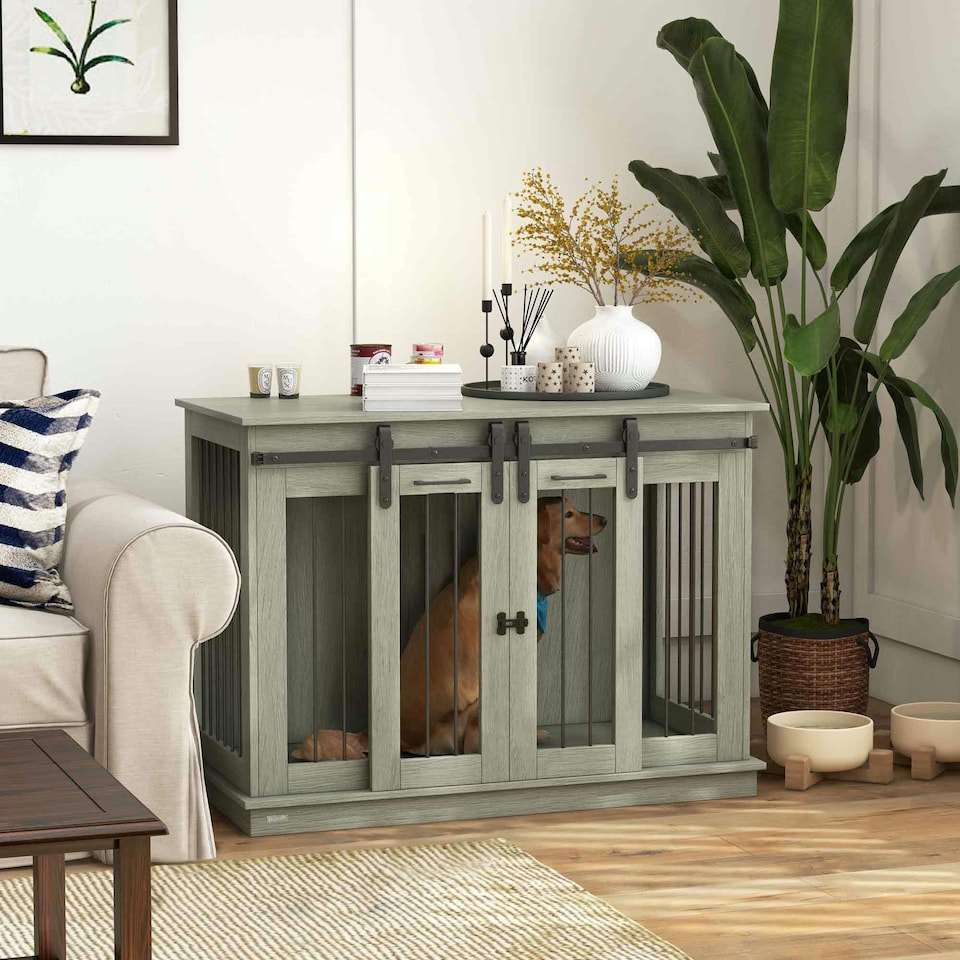 image 1 of PawHut Dog Crate Furniture for Large Dogs, Double Dog Cage for Small Dogs, Grey