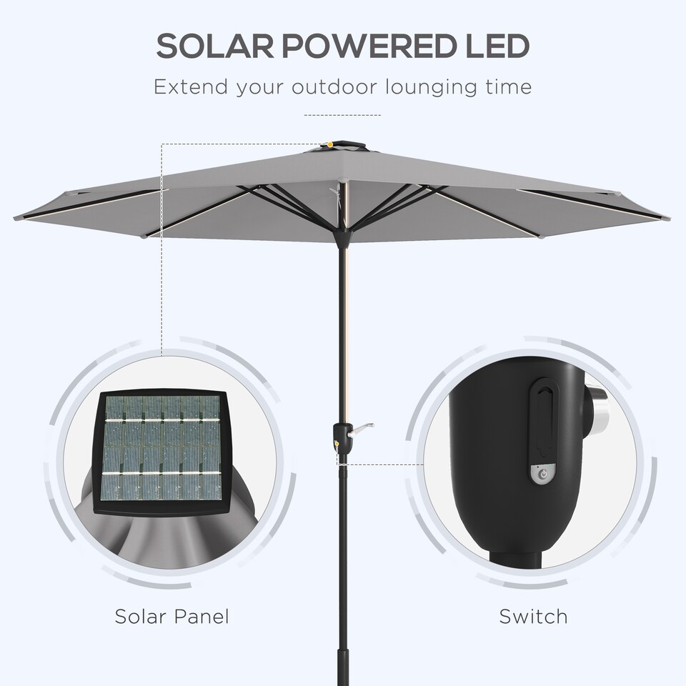 image 1 of Outsunny 2.65m Garden Parasol with Lights, Solar Charged Warm Yellow LED Patio Umbrella with Crank Handle, for Balcony, Outdoor and Lawn Light Grey