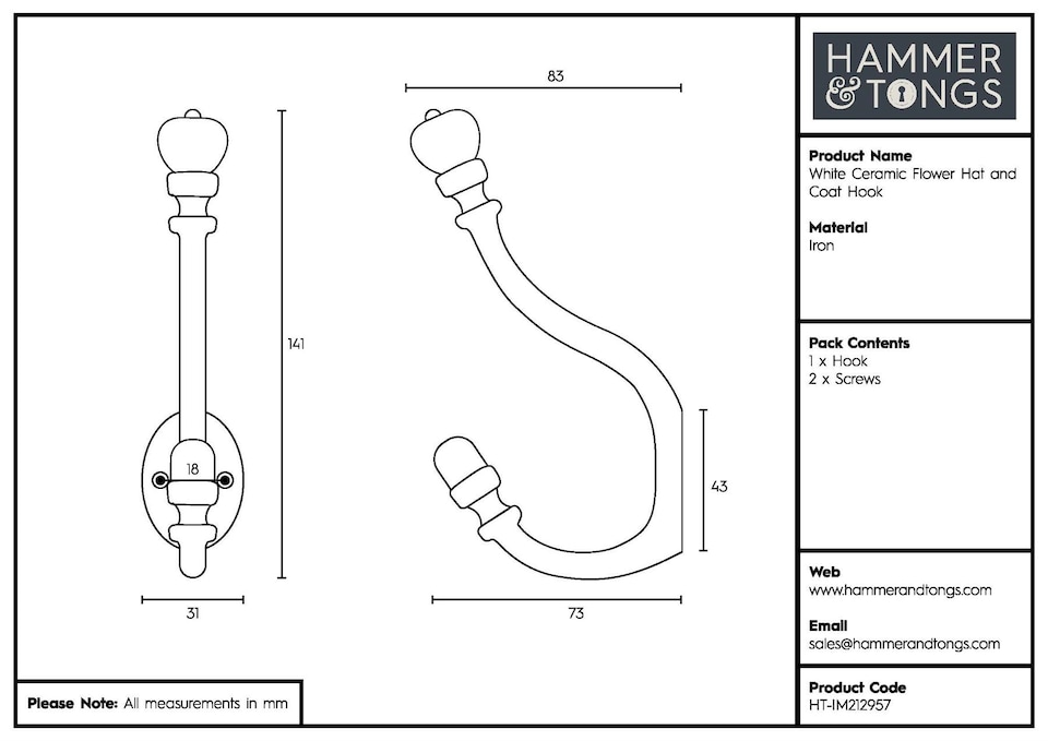 image 1 of Hammer & Tongs Ceramic Flower Hat & Coat Hook - W30mm x H140mm - Black - Wall Mounted Clothes Towel & Robe Hanger
