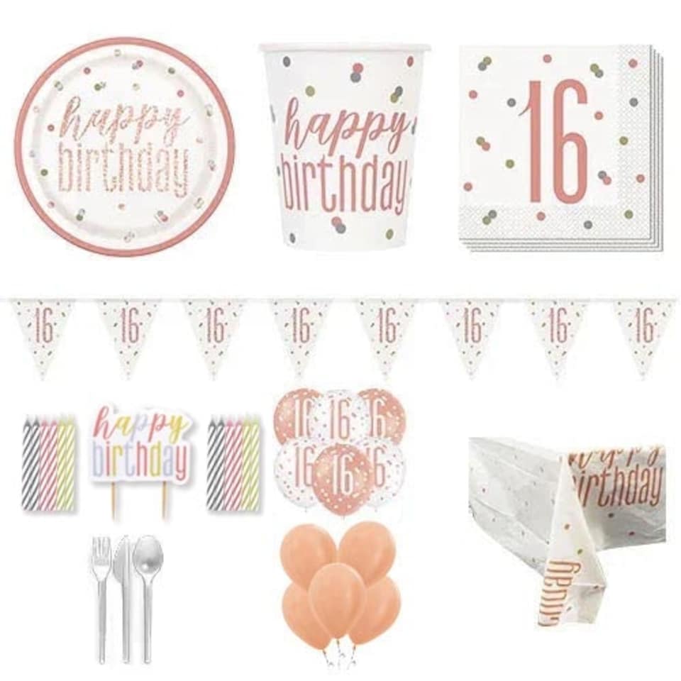 Rose Gold Glitz 16th Birthday 16 Person Deluxe Party Pack
