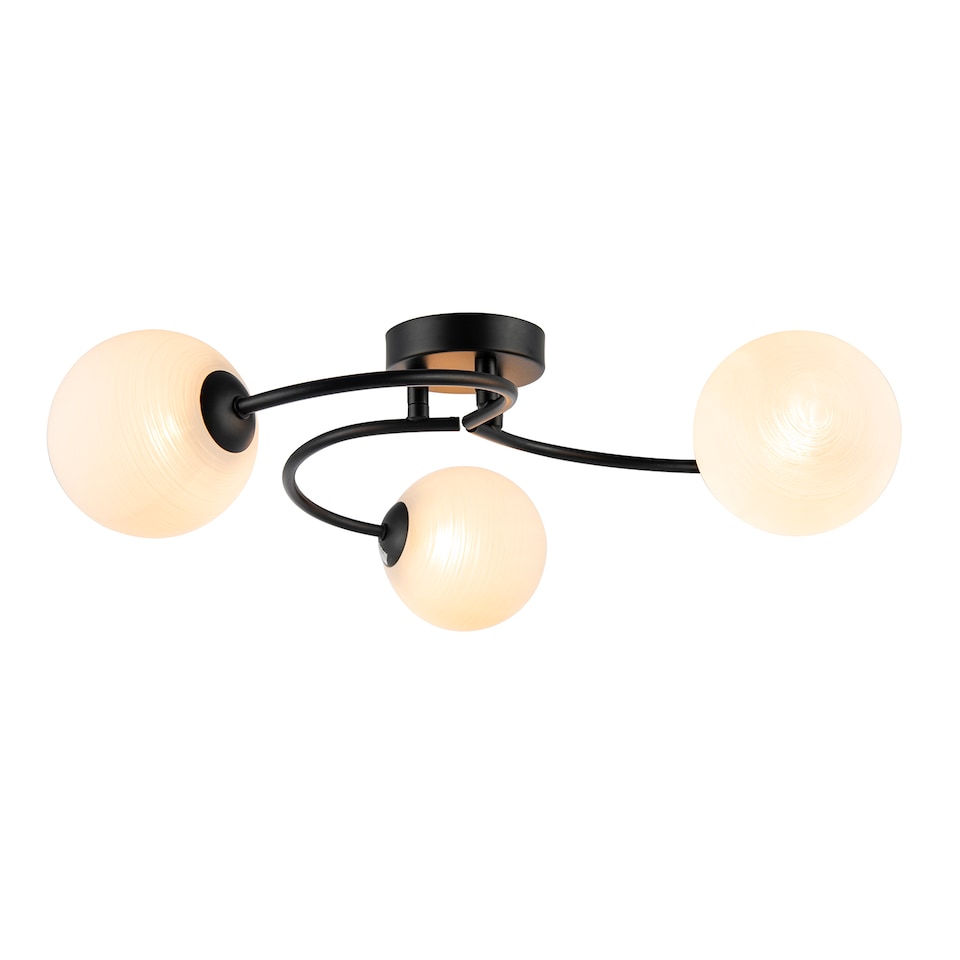 image 1 of Modern 3-Arm Matte Black Ceiling Light with Opal Swirl Glass Spherical Shades | Black