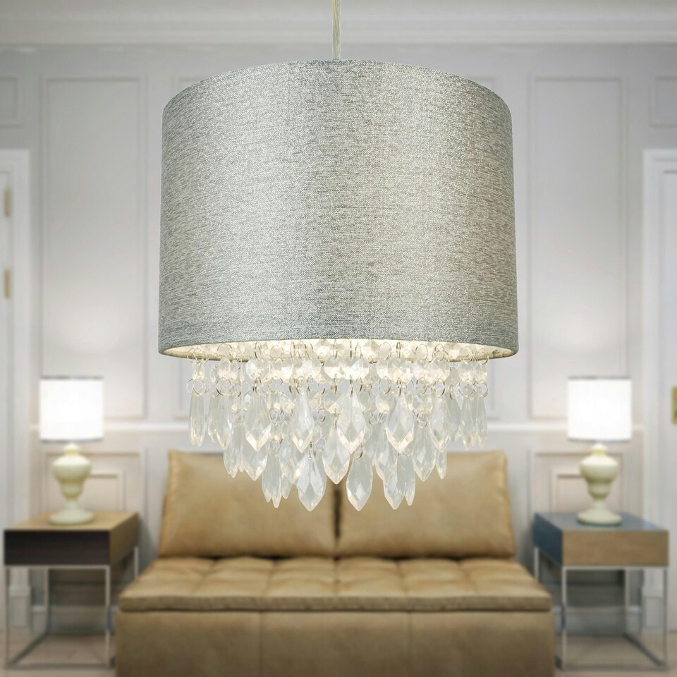 image 1 of First Choice Lighting Set of 2 Sparkle Grey Faux Silk Jewelled Easy Fit Light Shades Grey | Clear