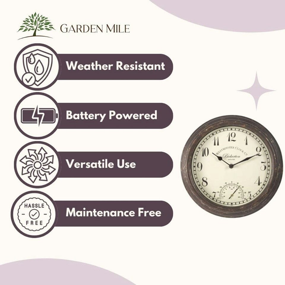 image 1 of Marco Paul 30cm Distressed Wall Clock and Thermometer Brown