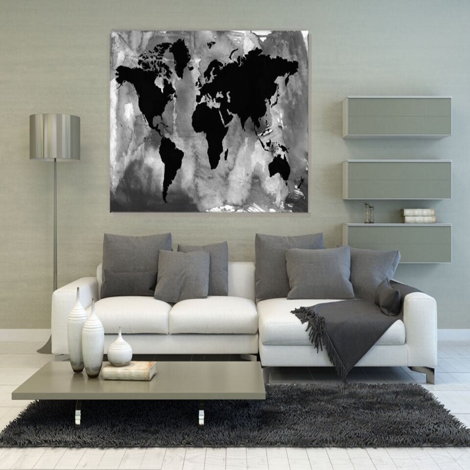 image 1 of Black And White World Map (Canvas Print) 44" x 30"