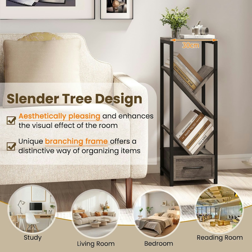 image 1 of COSTWAY 2 Pcs Tree Bookshelf 4 Tier Storage Bookcase with Drawer Grey