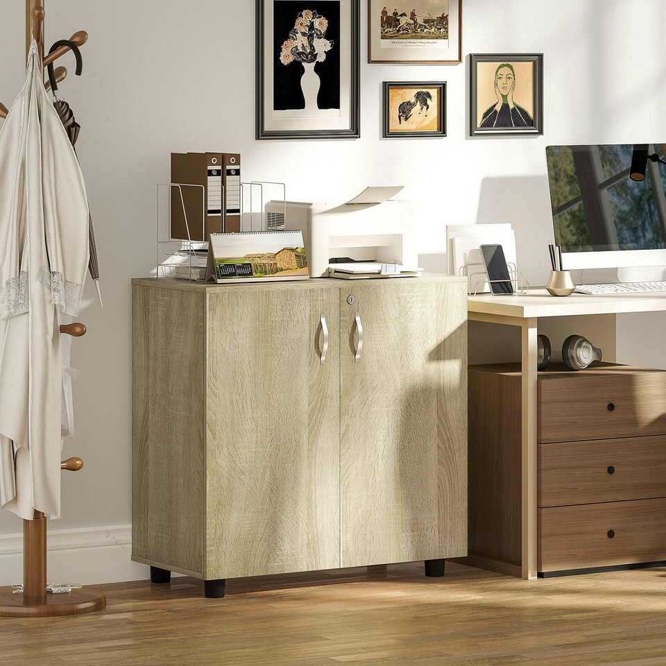 image 1 of Vinsetto 2-Tier Locking Filing Cabinet Office Storage Cabinet, Oak