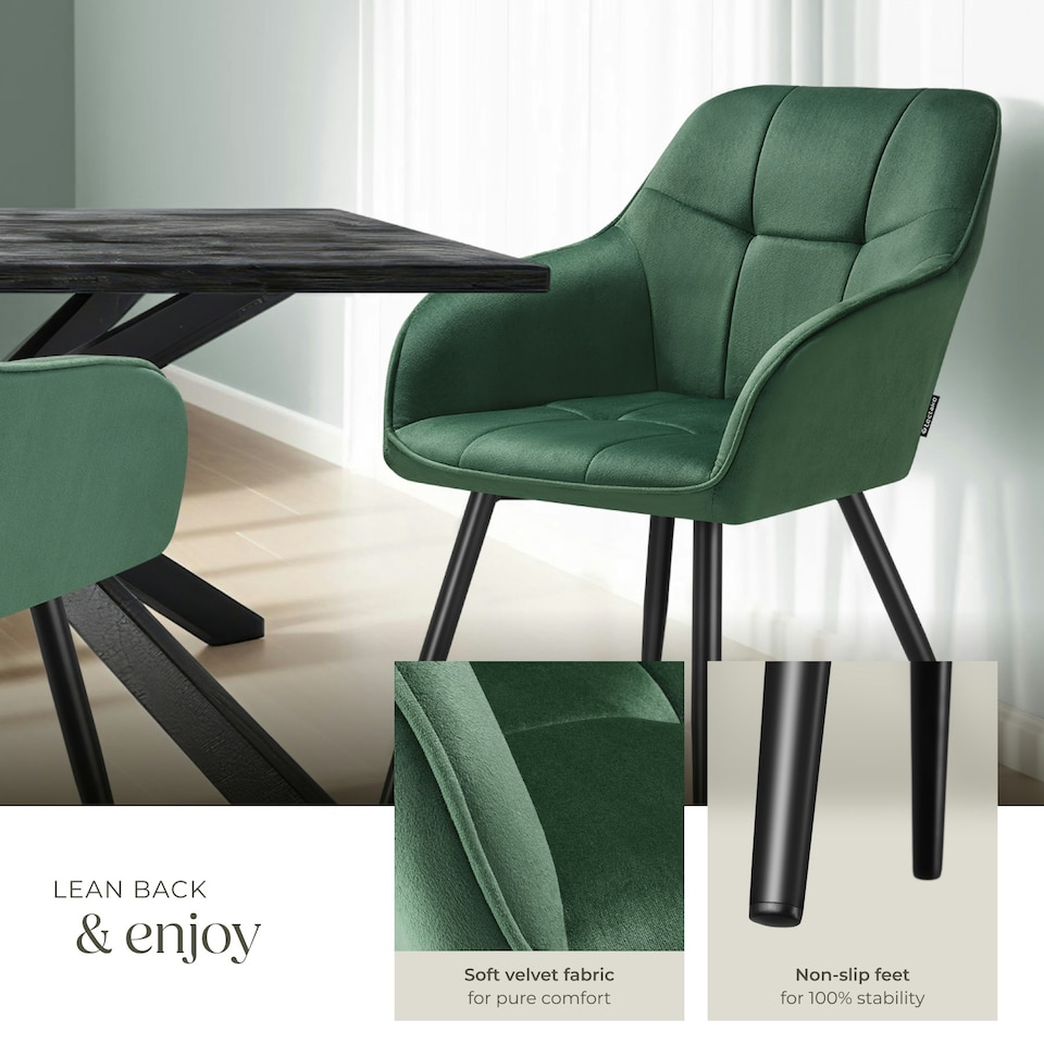 image 1 of Dining Chair Marilyn - velvet look, quilted pattern - per piece Green | Dark Green/Black