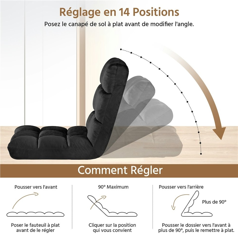 image 1 of Yaheetech Lazy Sleeper Recliner with 14 Adjustable Positions and Backrest Black