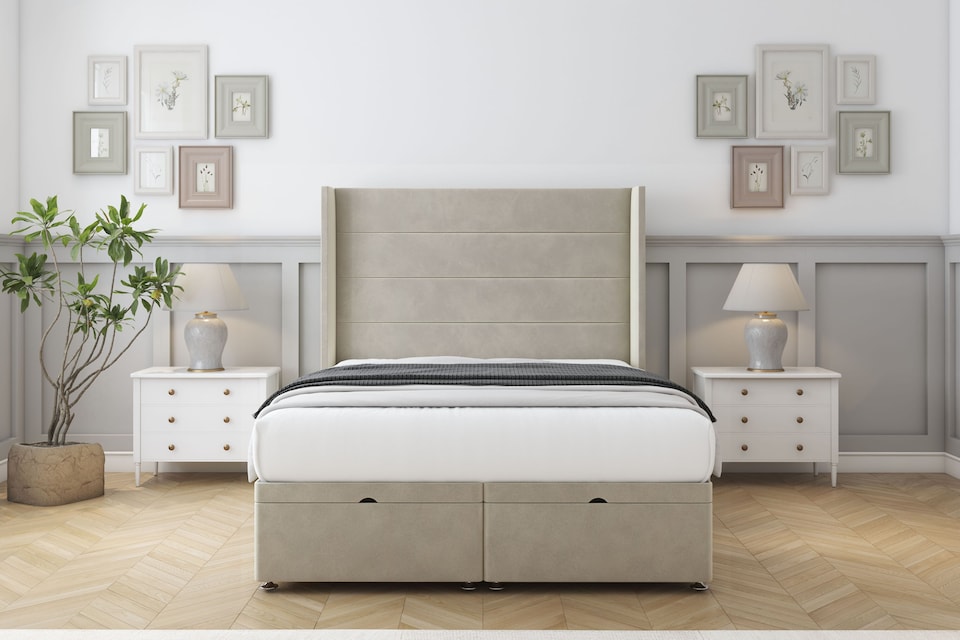 image 1 of Sloomy Sterling Cream Plush Ottoman Bed Base With 54" Wingback Headboard 4' Small Double | Cream | Cream | Small Double | 1