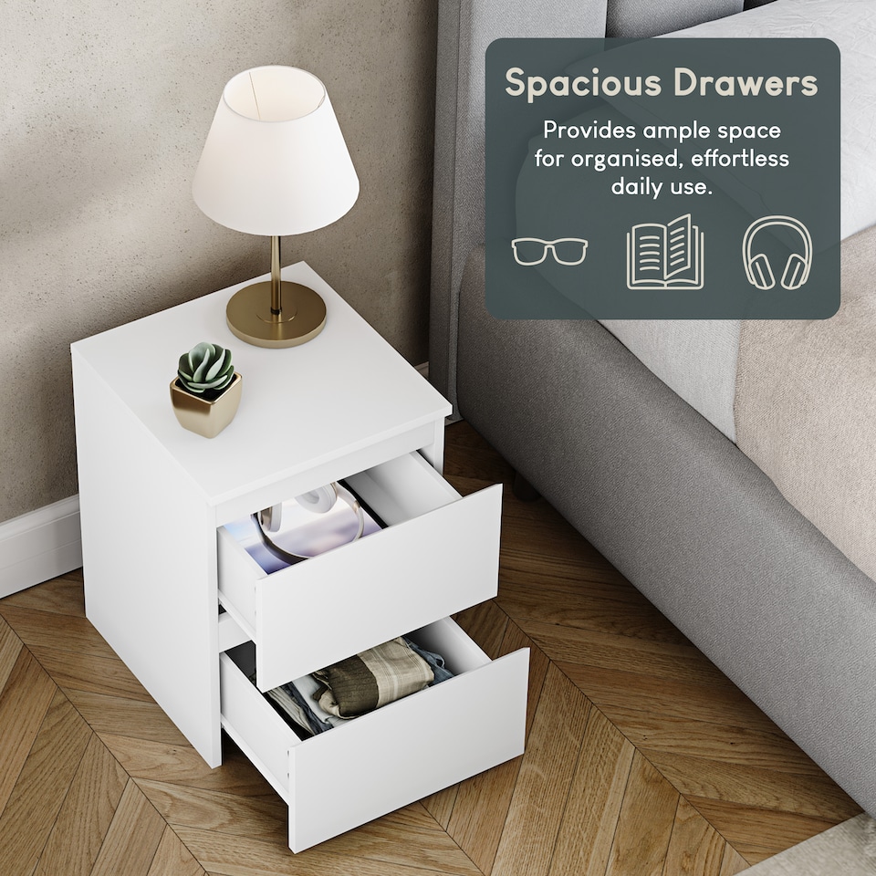 image 1 of Vida Designs Denver 2 Drawer Bedside Chest Cabinet Table Nightstand, White